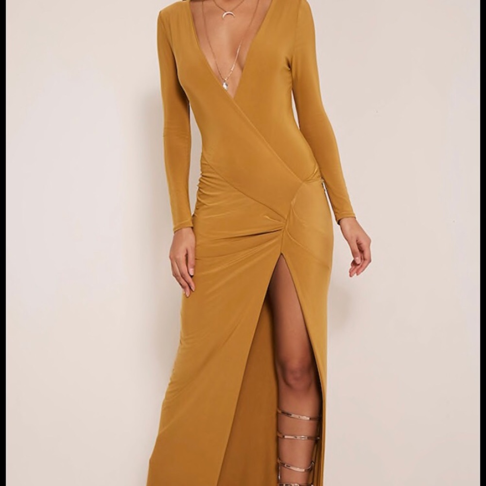 a Gold wrap front ruched maxi